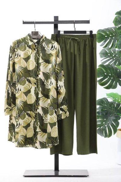 Polologin Butik Khaki Leaf Patterned Buttoned Long Sleeve Women's Tunic