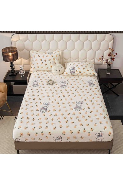 OEM Husă de pat cu elastic, cocolino, 230x250 cm, 2 fețe de pernă, iepurași ș...