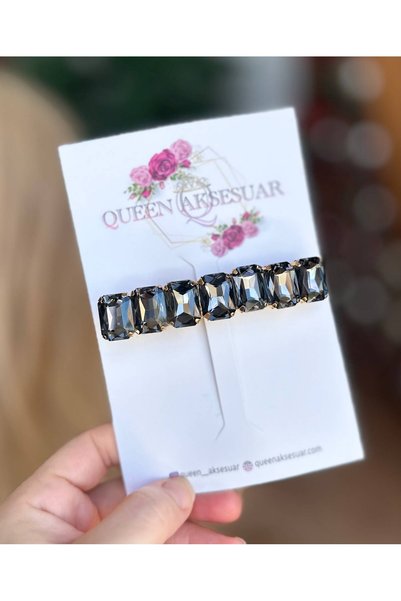QUEEN AKSESUAR Luxurious Shiny Crystal Stone Gold Metal Automatic Clip Hairpin with Rectangular Cut Shiny Smoked Dark Gray Hairpin