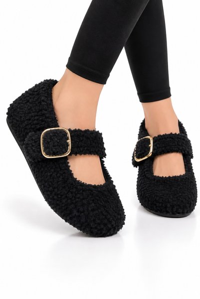 Jagulep Women's Warm Plush Belt with Rubber Detail Home Slippers Black