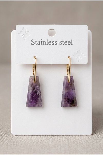 ZGNOVA Rectangular Shape Amethyst Natural Stone Steel Earrings