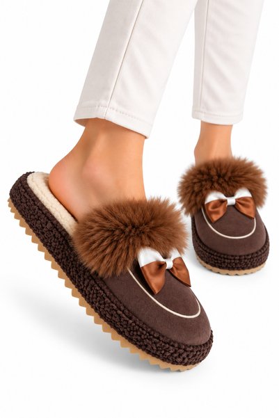 Jagulep Women's Warm Ribbon Detailed Plush House Slippers Brown