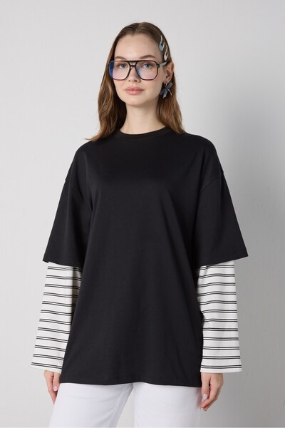 mina aise Women's Black Crew Neck Double Layer Sleeves Striped Oversize T-Shi...