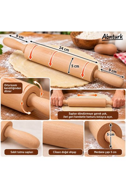 abnturk 24 cm Hamur Açma Yüzeyi, 9 cm Sabit Tutma Saplı, 5 cm Çapında Cilasız Doğal Tam Ağaç Ahşap Merdane, Kendiliğinden Dönen Orta Silindirli, Börek Baklava Mantı ve Pasta Hamuru Açma Oklavası