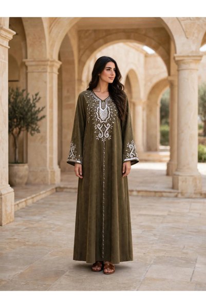 IKKXA Women's Metallic Sequin & Thread Embroidered Suede Winter Wear Jalabiya