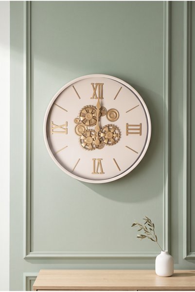 welcomein Krem Gold Roma Rakamlı Dekoratif Duvar Saati 59 cm – Çark Dişli Tas...