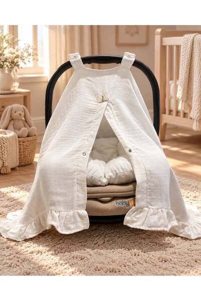 Pedimu 4 Layer Muslin Ecru Color Ruffled Stroller Cover and Cushion Set
