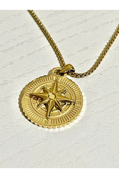 Açıkmeşe Ev Yaşam Ürünleri Unisex Altın Kaplama Pusula Uçlu Çelik Kolye Paslanmaz Kararmaz Küp Zincir Kolye