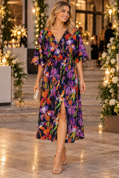 moonra collection Floral Pattern Front Slit Chiffon Dress