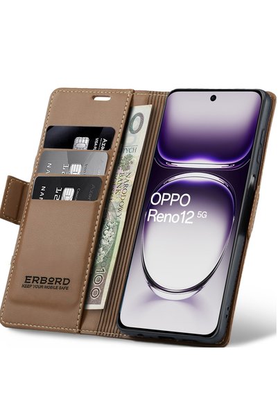 ERBORD Husă Oppo Reno 12, Litchi lucios, Portofel cu clapetă, Maro