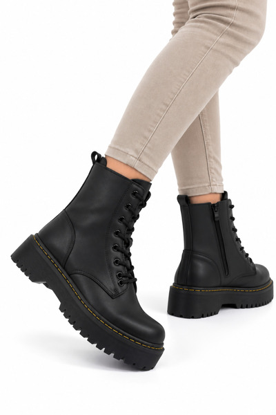 Jagulep Zippered Lace-Up Thick Sole Women's Boots Black