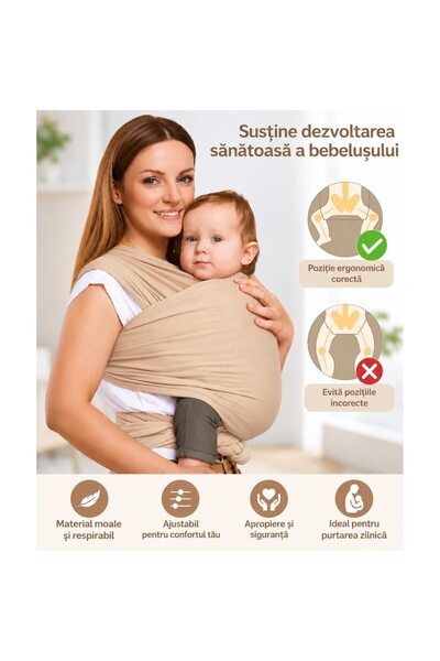 OEM Marsupiu ergonomic pentru bebeluși, tip wrap, reglabil, respirabil, multifuncțional, pliabil, 0-36 luni, capacitate maximă 20 kg, Bej