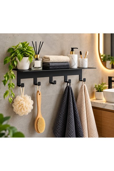 GOCEHOME 5 Kancalı Metal Banyo Rafı – Yapışkanlı, Delmeden Montaj, Siyah Duva...