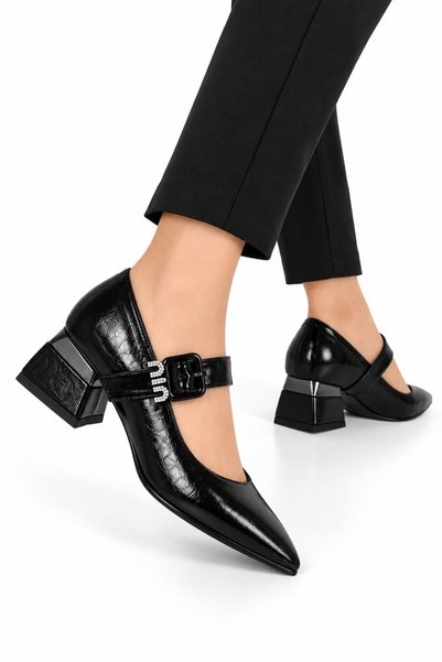 Jagulep Pantofi cu toc gros și curea pentru femei (5 cm) NEGRU
