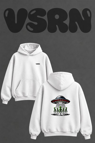 VSRN Ufo Alien Design Back Printed Oversize White Hooded Sweatshirt