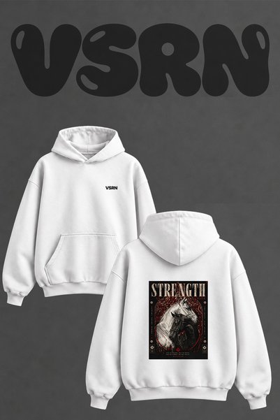 VSRN Black White Horse Design Back Printed Oversize White Hooded Sweatshirt