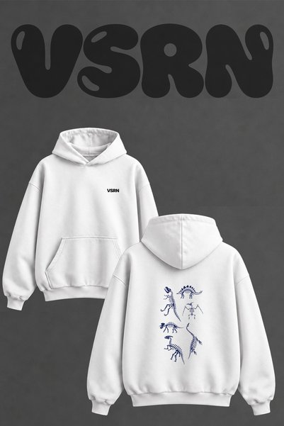 VSRN Dinosaur Skeletons Design Back Printed Oversize White Hooded Sweatshirt