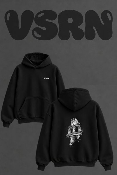 VSRN Colosseum Ruin Design Back Printed Oversize Black Hooded Sweatshirt