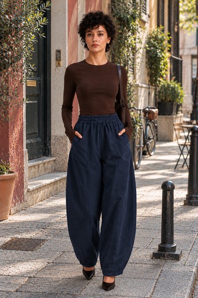 ROSE ARYA Tencel Navy Blue Balloon Cut Pants with Elastic Waist