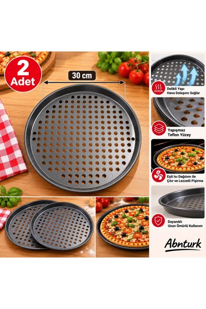 abnturk 30 cm 2 Adet Küçük Boy Delikli Teflon Pizza Tepsisi, Yapışmaz Yüzeyli...