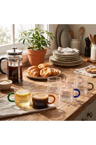 ArzaCollection 6-Piece Good Morning Borosilicate Glass Cup Set with Colorful ...
