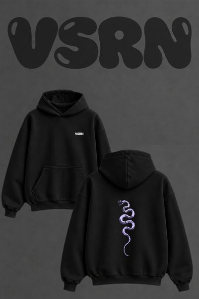 VSRN Snake Skeleton Design Back Printed Oversize Black Hooded Sweatshirt