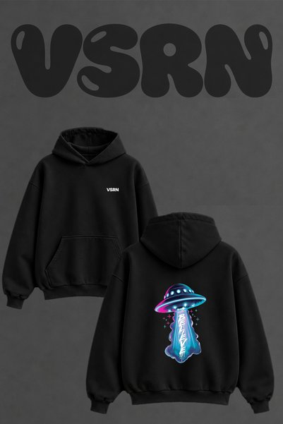 VSRN Ufo Believe Design Back Printed Oversize Black Hooded Sweatshirt