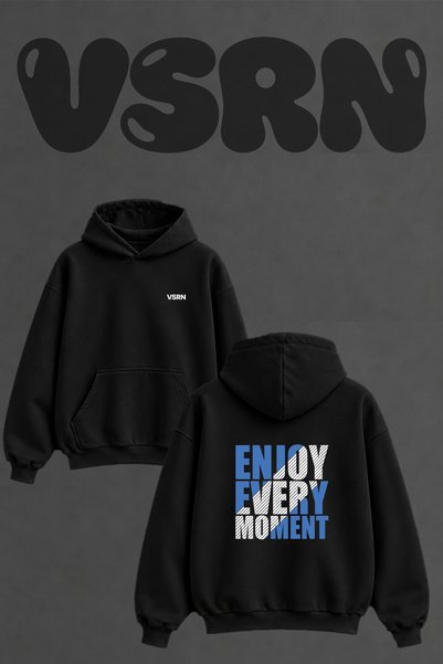 VSRN Enjoy Every Moment Design Back Print Oversize Black Hooded Sweatshirt
