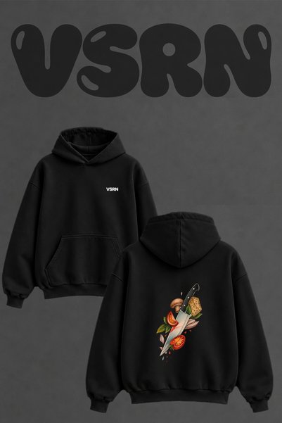 VSRN Knife Tomato Mushroom Design Back Printed Oversize Black Hooded Sweatshirt
