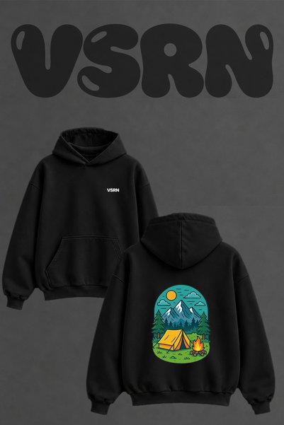 VSRN Kamp Dag Cadir Design Back Printed Oversize Black Hooded Sweatshirt