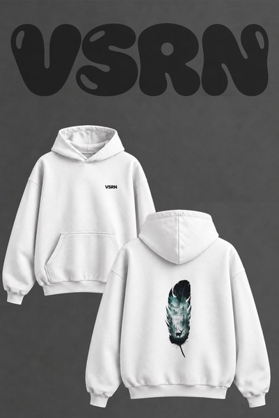 VSRN Feather Stag Forest Design Back Printed Oversize White Hooded Sweatshirt