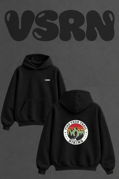 VSRN Trail Hiking Design Back Printed Oversize Black Hooded Sweatshirt