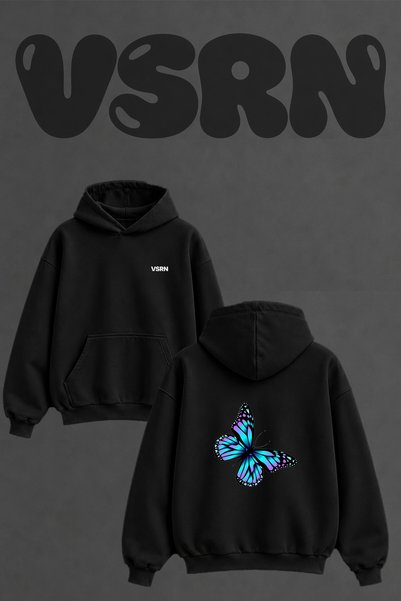 VSRN Blue Purple Butterfly_2 Design Back Printed Oversize Black Hooded Sweats...