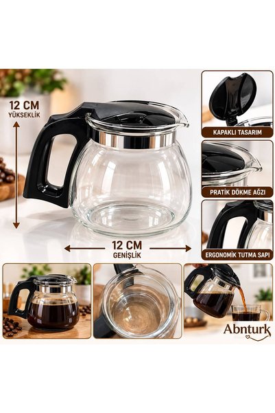 abnturk 12cm 1000ml Siyah Kapaklı Şeffaf Cam Kahve Demliği Filtre Kahve Ergon...