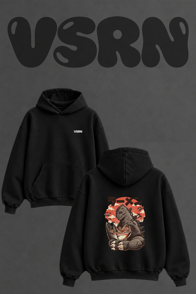 VSRN Godzilla Ramen Design Back Printed Oversize Black Hooded Sweatshirt