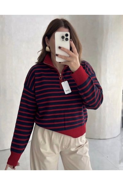 modayaselam Striped Zippered Knitwear Sweater