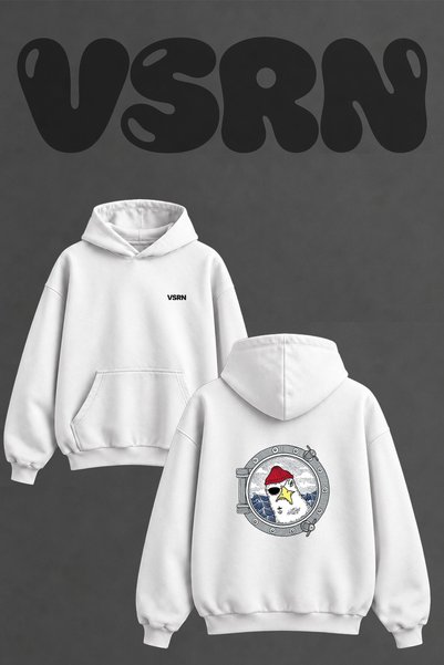 VSRN سويت شيرت أبيض كبير الحجم بقلنسوة وطباعة على الظهر من تصميم كورسان مارتي