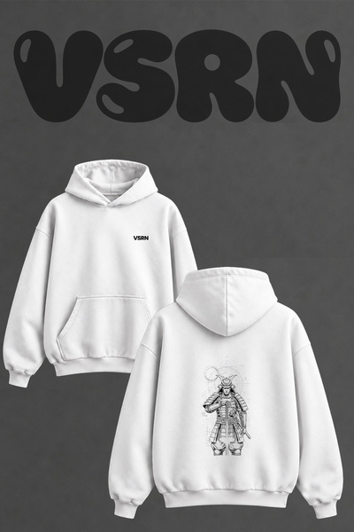 VSRN Samurai Katana Design Back Printed Oversize White Hooded Sweatshirt