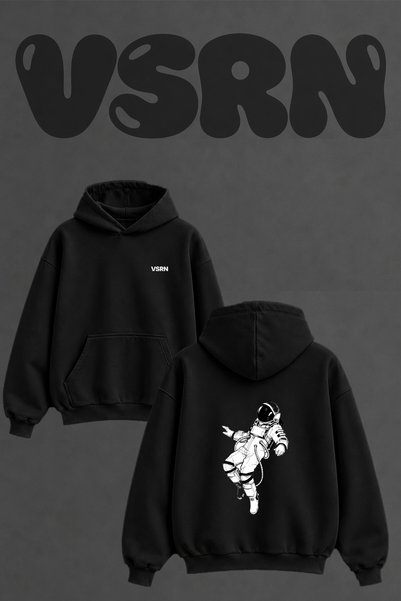 VSRN Space Astronaut Design Back Printed Oversize Black Hooded Sweatshirt
