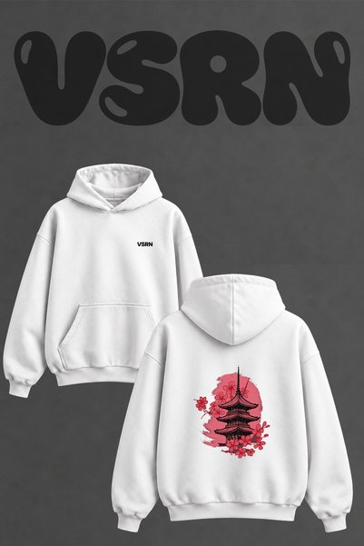 VSRN Pagoda Sakura_1 Design Back Printed Oversize White Hooded Sweatshirt