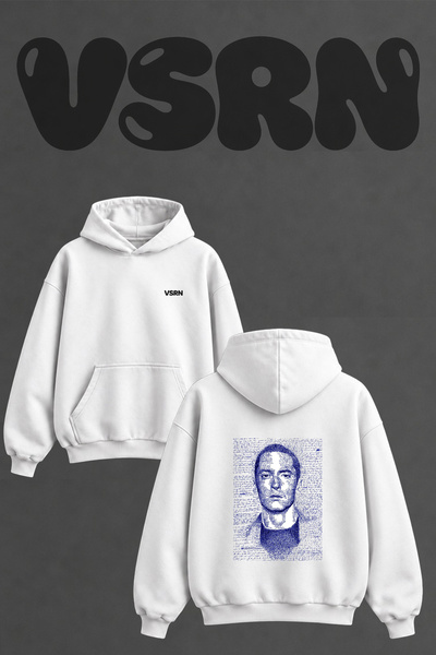 VSRN Eminem Design Back Printed Oversize White Hooded Sweatshirt