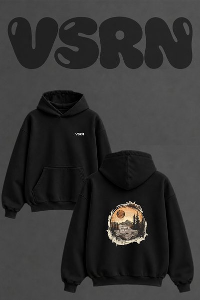 VSRN Offroad Pickup Design Back Printed Oversize Black Hooded Sweatshirt