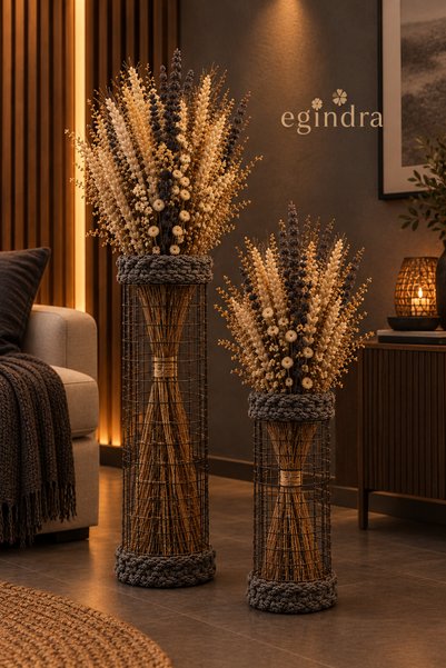 Egindra metal tel hasır örgü 2li kuru çiçek vazosu çiçekler hariç 50 ve 35 cm...