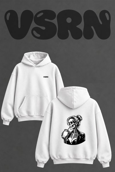 VSRN Skeleton Biker Girl Design Back Printed Oversize White Hooded Sweatshirt