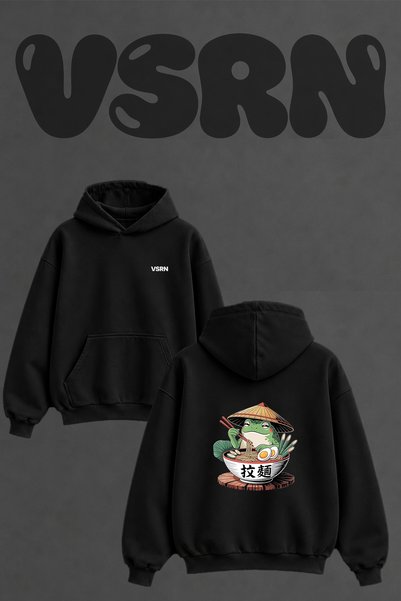 VSRN سويت شيرت بقلنسوة أسود كبير الحجم بتصميم Frog Ramen مطبوع على الظهر