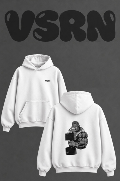 VSRN Dumbbell Goril Design Back Printed Oversize White Hooded Sweatshirt