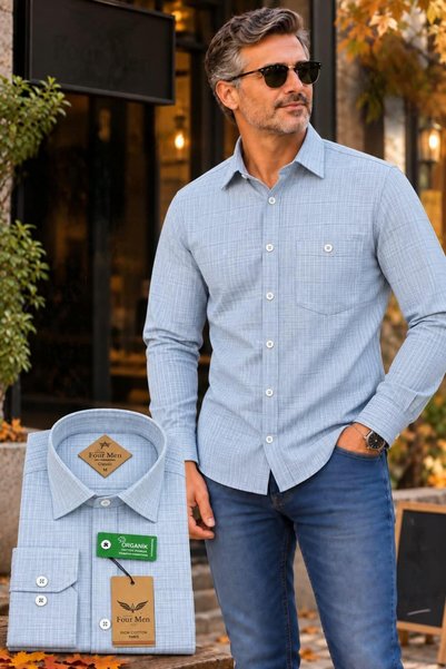 GÖMLEK GALERİSİ Men's Classic Wide Cut Long Sleeve Pocket Plain Cotton Shirt