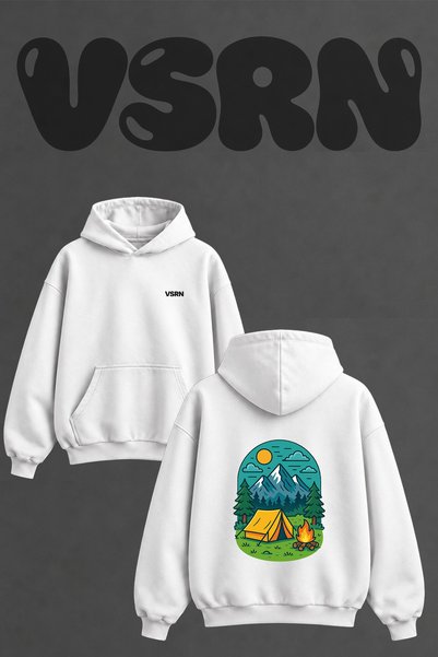 VSRN Kamp Dag Cadir Design Back Printed Oversize White Hooded Sweatshirt