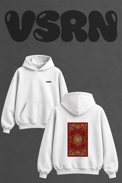 VSRN Gunes Kral Design Back Printed Oversize White Hooded Sweatshirt