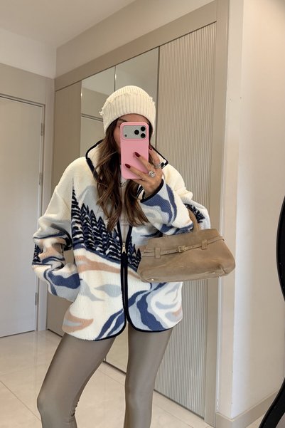 manoire Dik Yaka Ağaç Manzaralı Fermuarlı Polar Sweatshirt Hırka